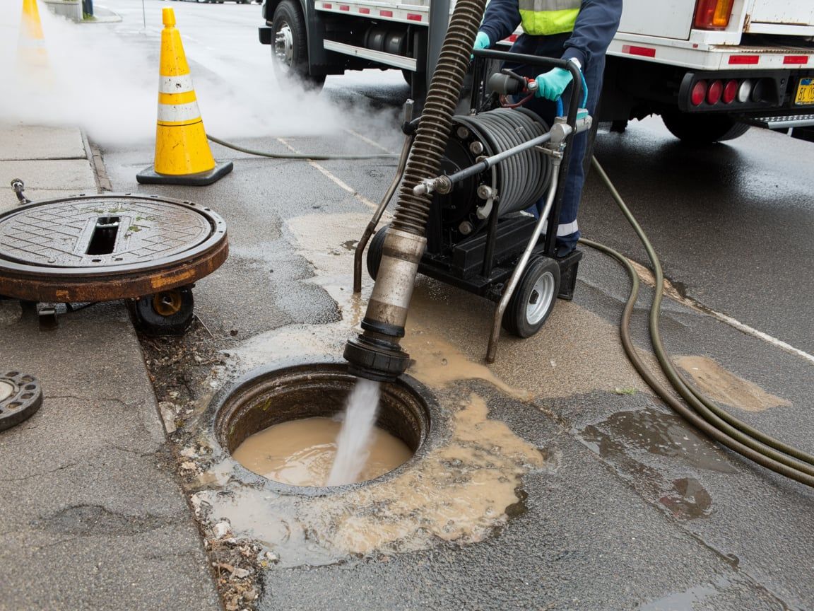 Worker vacuuming wastewater from a manhole on a city street; a truck is in the background.