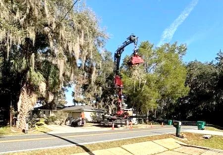 Tree trimming with a crane on a residential street. Red and black crane removing branches from trees.