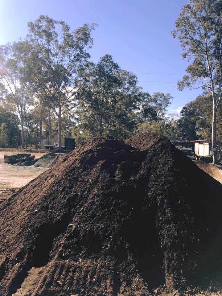 Large Pile of Dark Brown Mulch in An Outdoor Setting with Trees and A Clear Sky — Gladstone Garden & Landscaping Supplies In Burua, QLD
