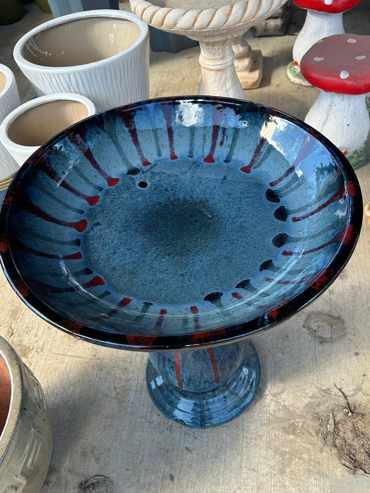 Blue Glazed Ceramic Birdbath with Red and Black Accents, Outdoors — Gladstone Garden & Landscaping Supplies In Burua, QLD