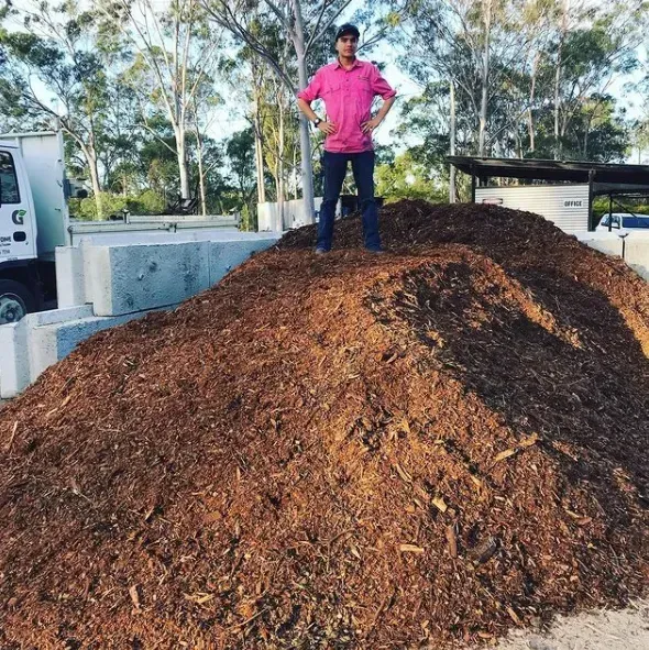 Man Standing Atop a Large Pile of Brown Mulch with Hands on Hips, Outdoors — Gladstone Garden & Landscaping Supplies In Burua, QLD