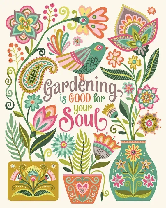 Colorful Floral Illustration with Bird, Paisley, Potted Plants — Gladstone Garden & Landscaping Supplies In Burua, QLD