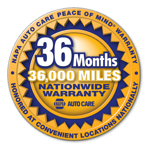 NAPA Auto Care warranty emblem: 36-month, 36,000-mile nationwide warranty. Blue and gold circular design. | Bad Habit Motorsports LLC