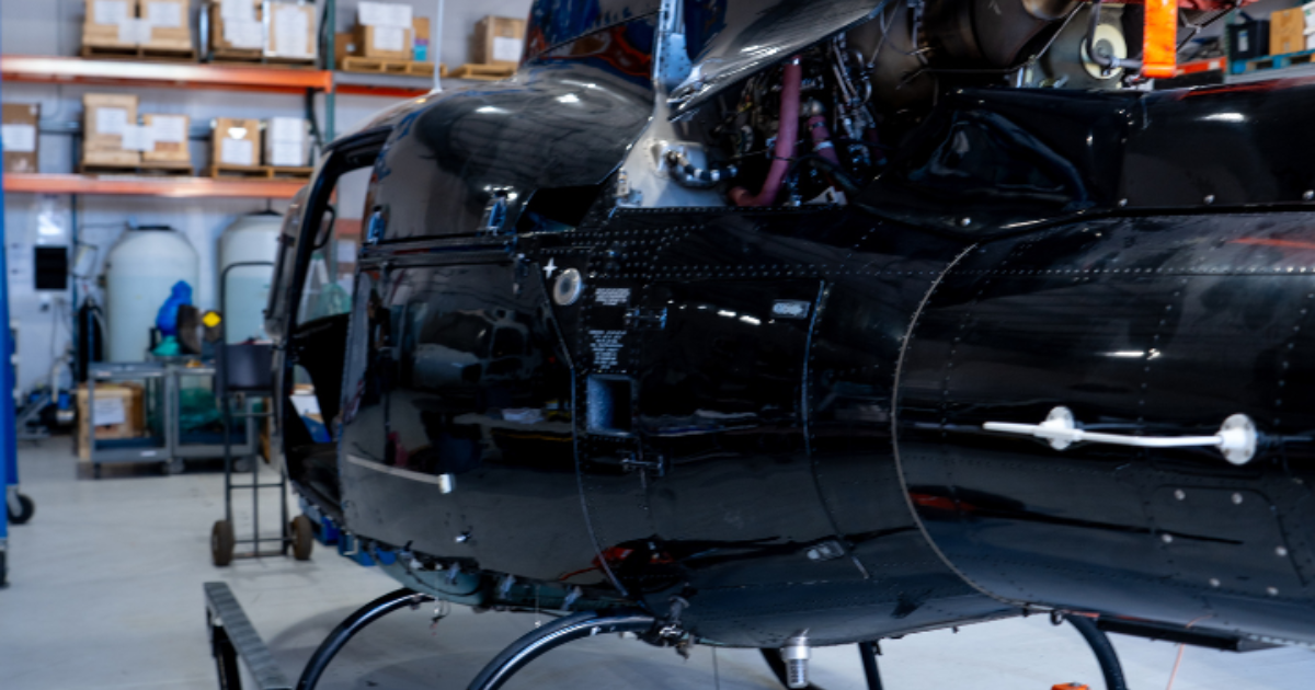 Airbus helicopter undergoing expert maintenance at FAA-certified repair station in Boulder City, Nev