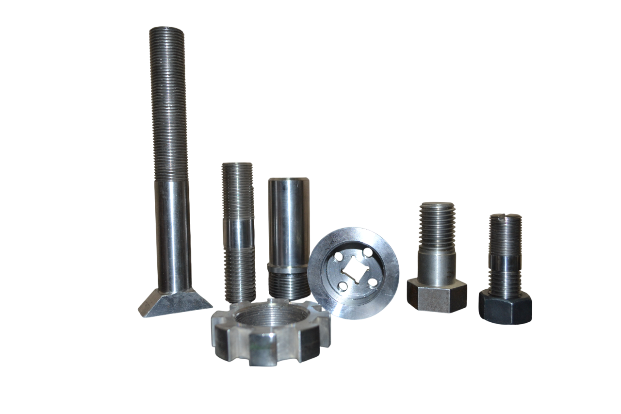 Assorted metal machine parts: bolts, rods, and a circular part with a central opening, all in shades of gray.