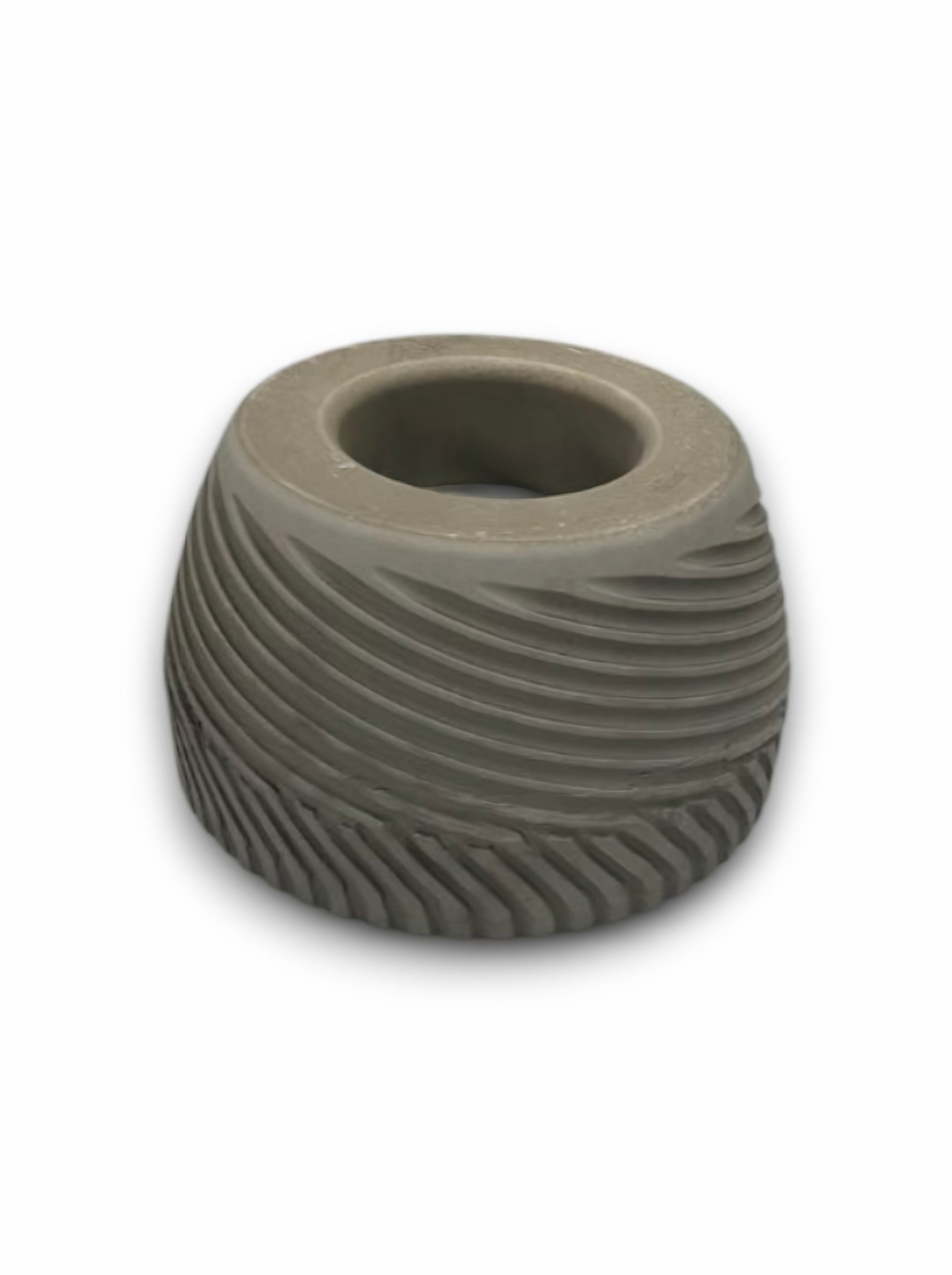 Gray, textured ceramic candle holder with spiral grooves.