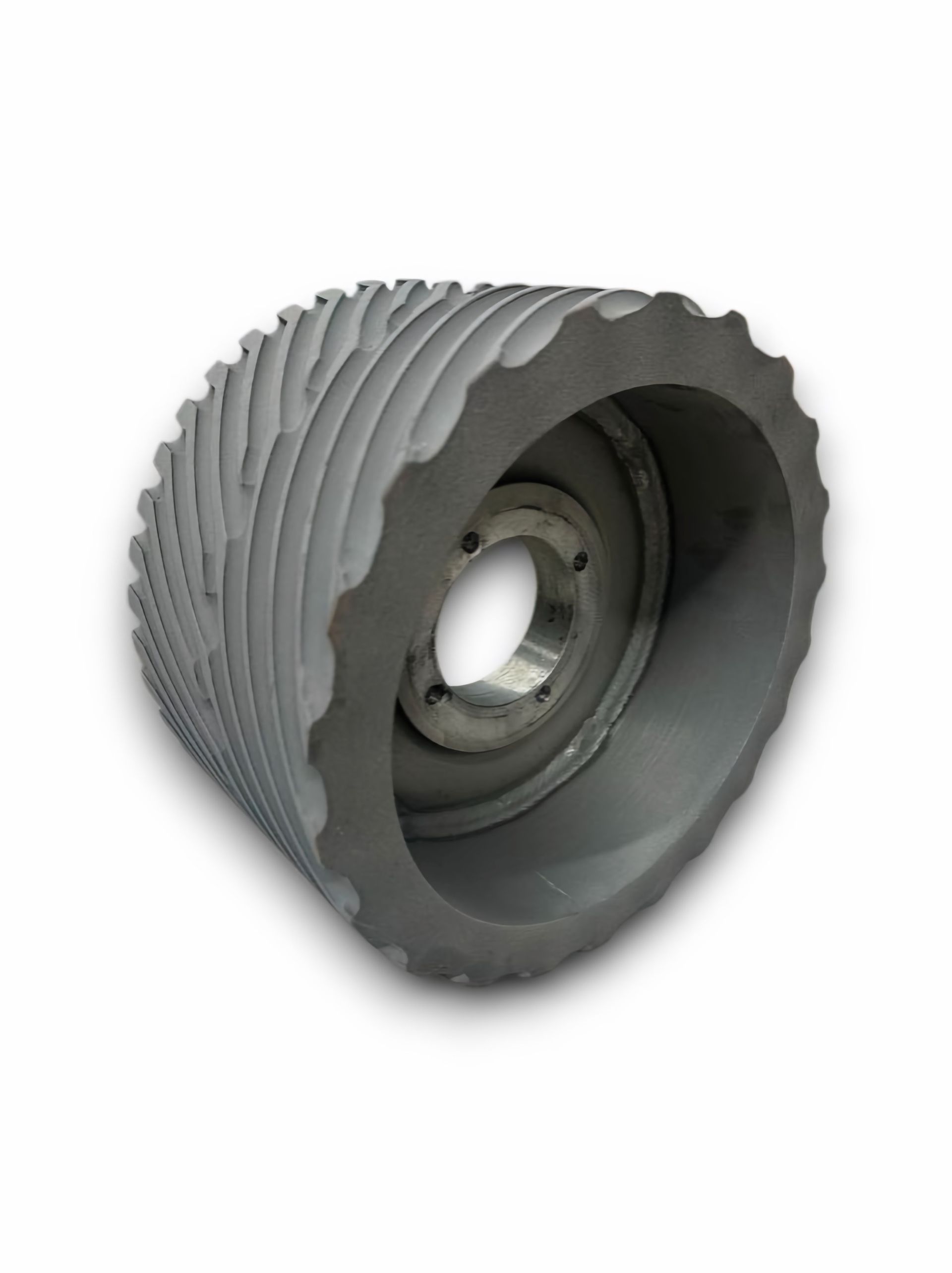 A gray, industrial-looking grooved wheel with a central hub.