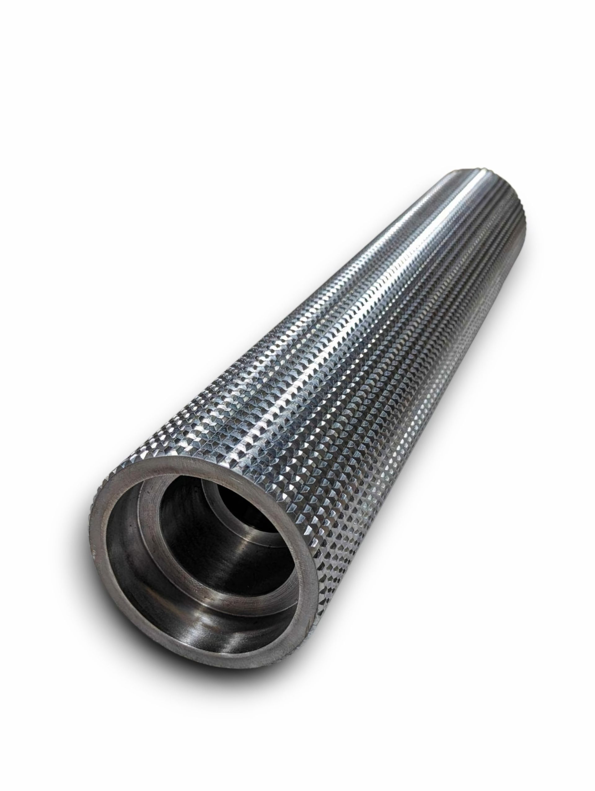 Silver cylindrical roller with textured surface, likely for industrial use.