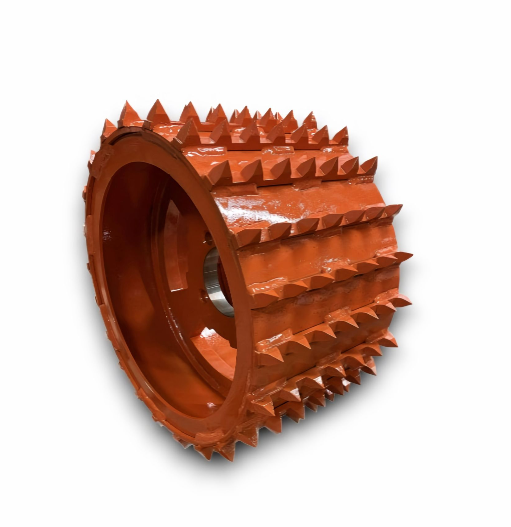 Orange spiked roller, possibly for soil compaction or breaking up material.