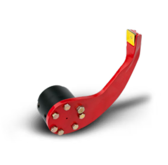 Red and black debarker arm, likely a part of a plow or cultivator. Features a curved arm, bolts, and a black cylindrical base.