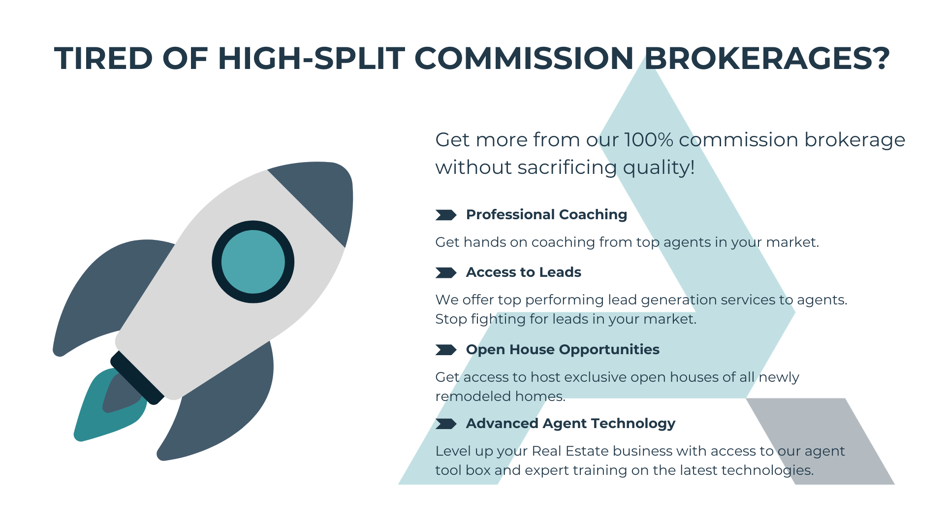 A rocket graphic next to text promoting a 100% commission brokerage. The text discusses quality and services. Get more from our 100% commission brokerage without sacrificing quality! Access to Leads
We offer top performing lead generation services to agents. Stop fighting for leads in your market.
Professional Coaching
Get hands on coaching from top agents in your market.
Open House Opportunities
Get access to host exclusive open houses of all newly remodeled homes.
Advanced Agent Technology
Level up your Real Estate business with access to our agent tool box and expert training on the latest technologies.