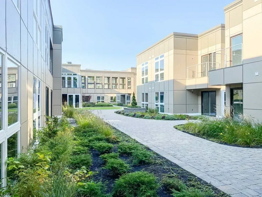 Courtyard with paved walkway, low plants, and modern beige buildings with glass windows.