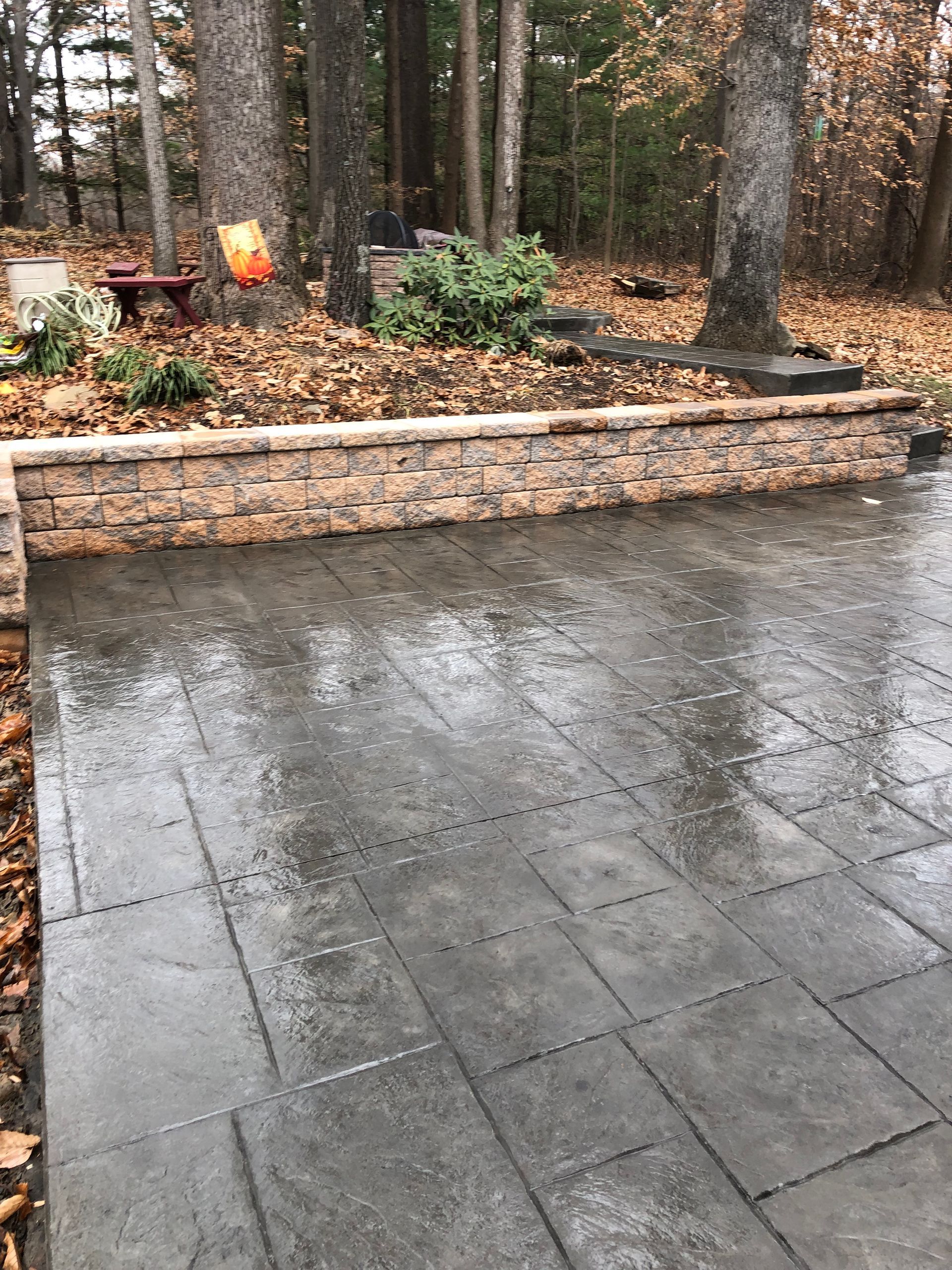 Stamped concrete patio and sitting wall installed in Abingdon, MD