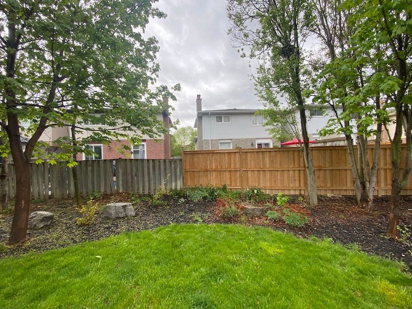 A backyard with a wooden fence and a lush green lawn.