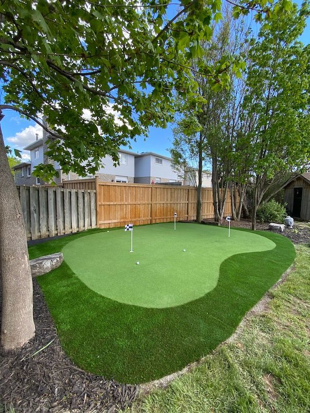 There is a putting green in the backyard of a house.