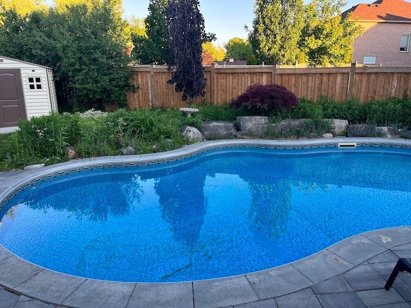 A large swimming pool in a backyard with a wooden fence surrounding it.