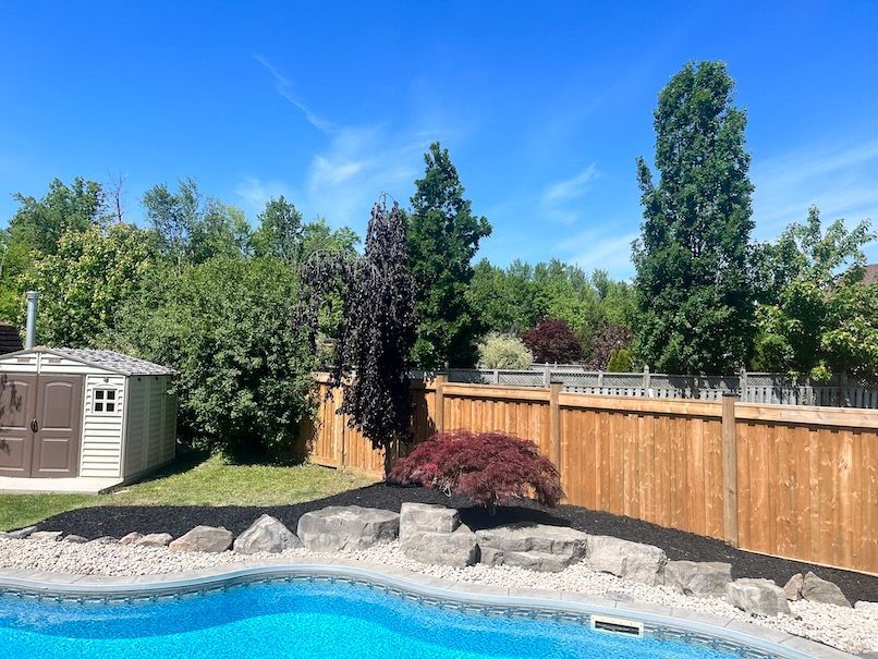 A wooden fence surrounds a swimming pool in a backyard.