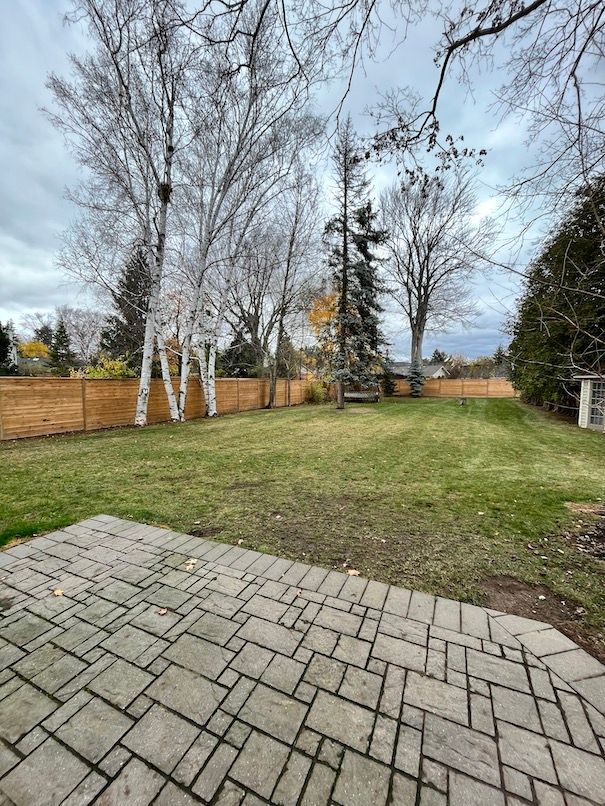 A large lawn with a brick patio and trees in the background.