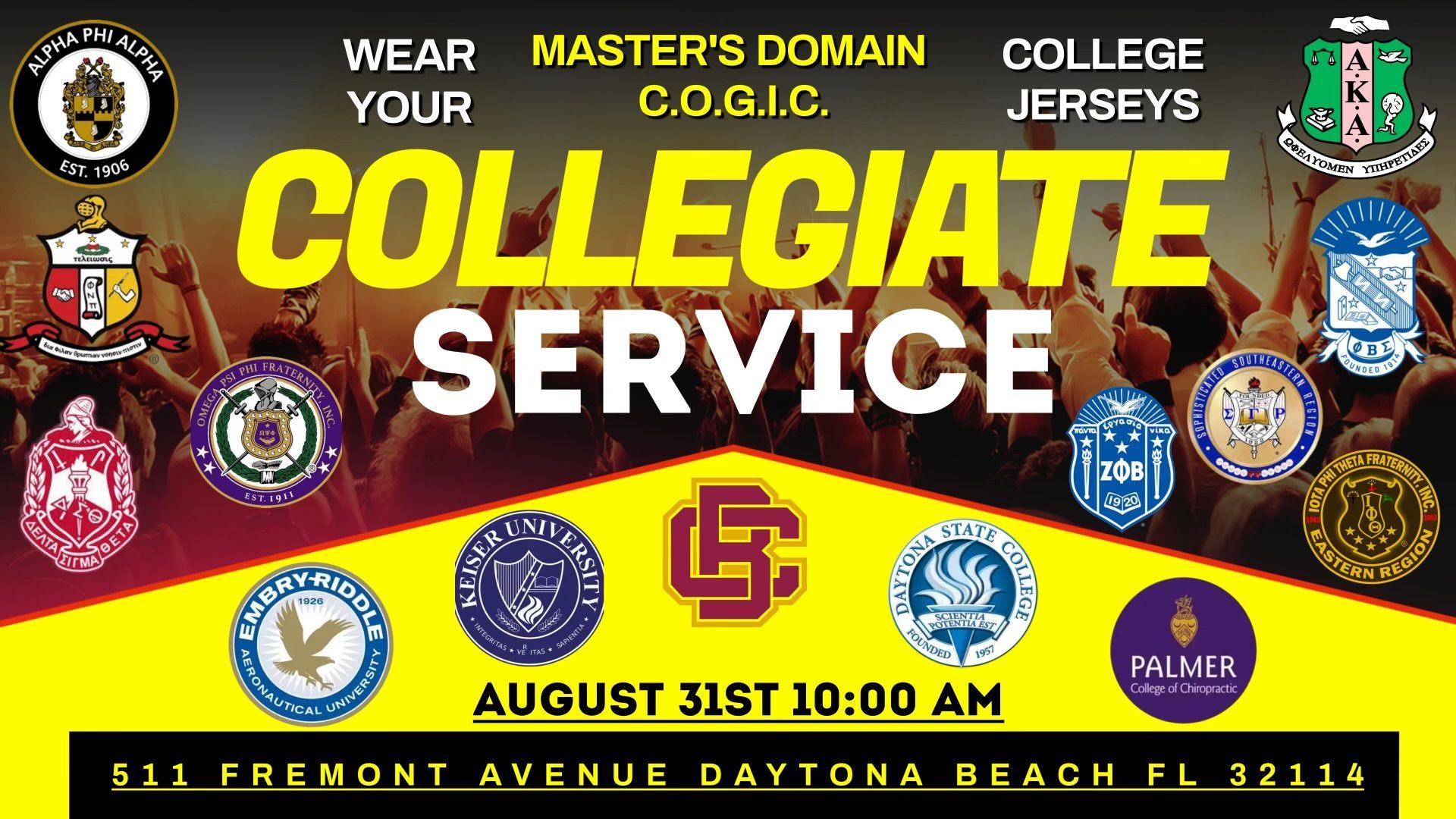 Flyer: Collegiate service event with college logos, jerseys encouraged. August 31st, Daytona Beach.
