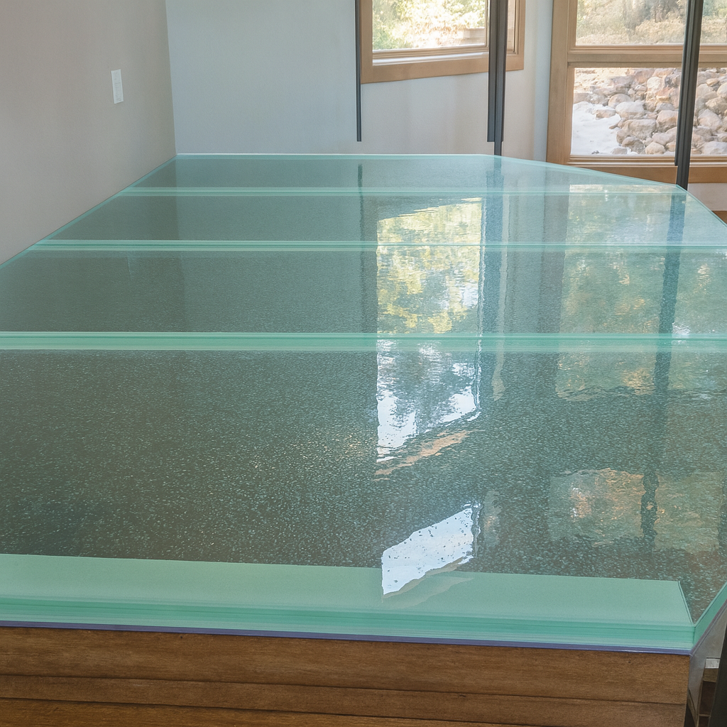 Glass staircase with frosted texture and wooden base. Reflects the outdoors.