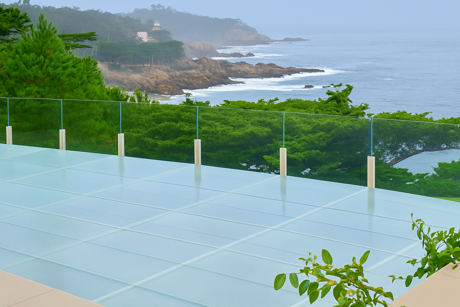 Glass-floored deck overlooking a rocky coastline and ocean on an overcast day.