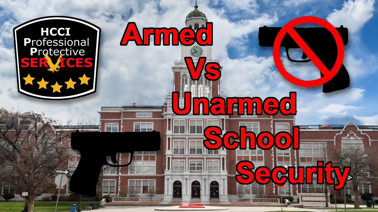 A picture of a school with the words armed vs unarmed school security