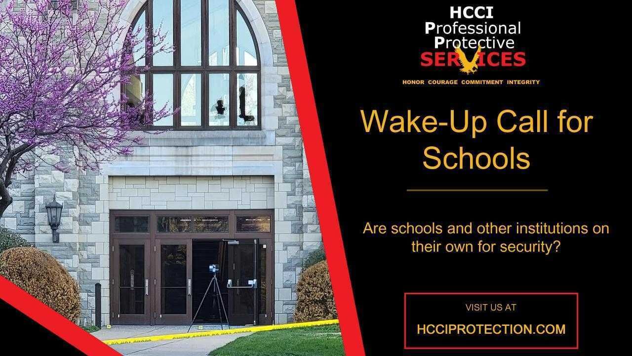An advertisement for wake up call for schools with a picture of a building