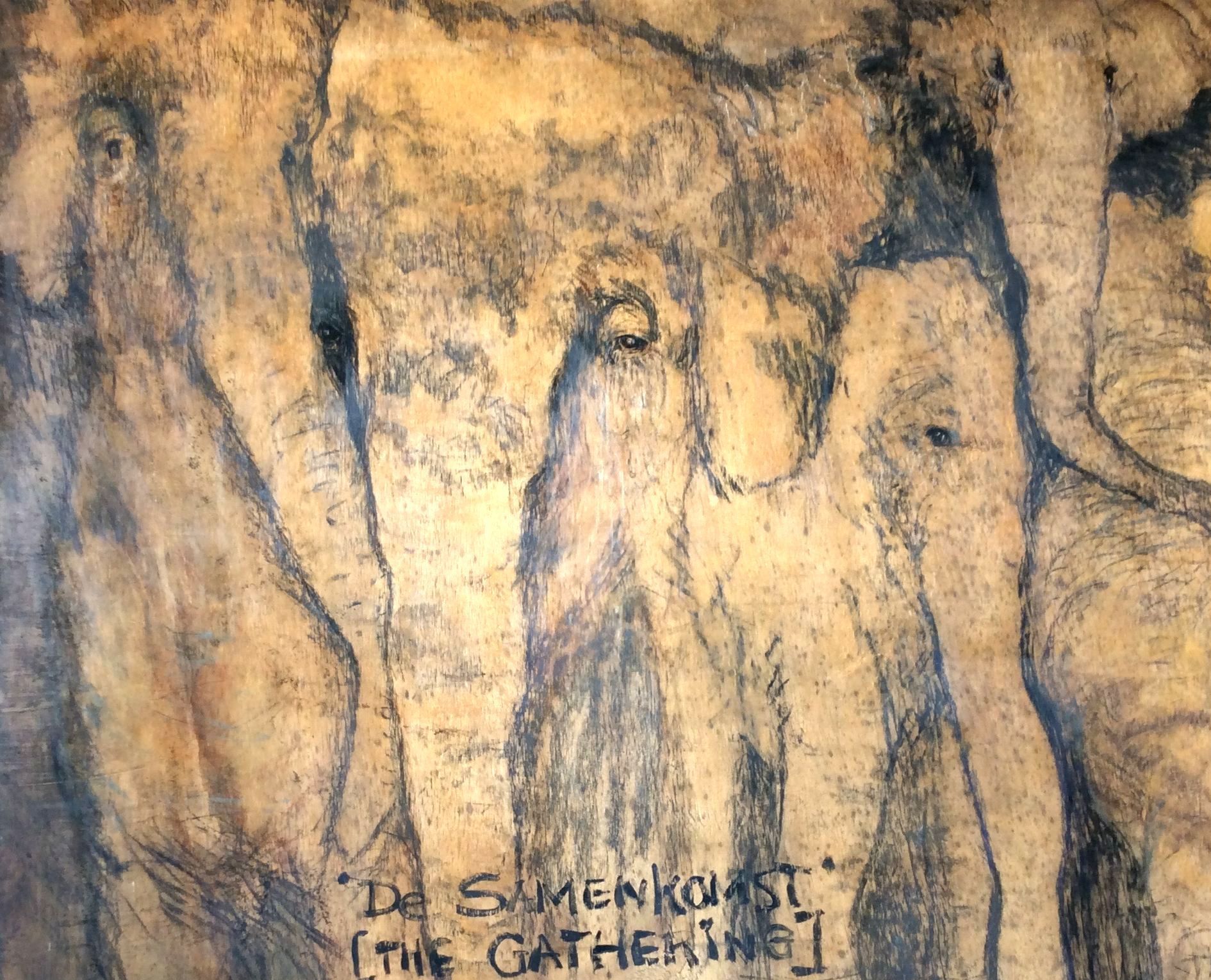 Linda Schregardus/ LS', The Gathering, acrylic paint on wood, 120x120.5 cm., 2018.