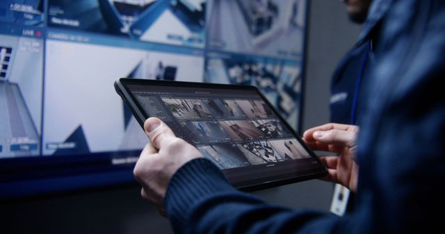 Person holding a tablet displaying security camera feeds, with a monitor displaying similar feeds in the background.