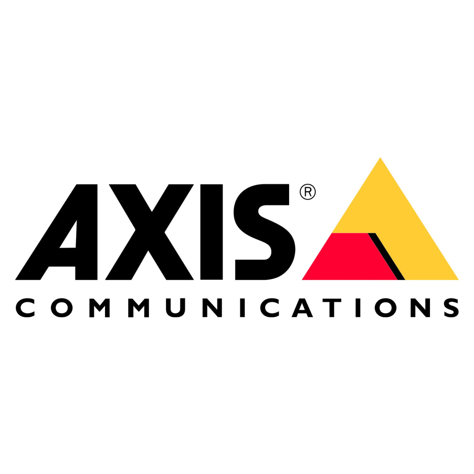 Logo for Axis Communications, black text over "Axis Communications" with a yellow triangle and red accent.