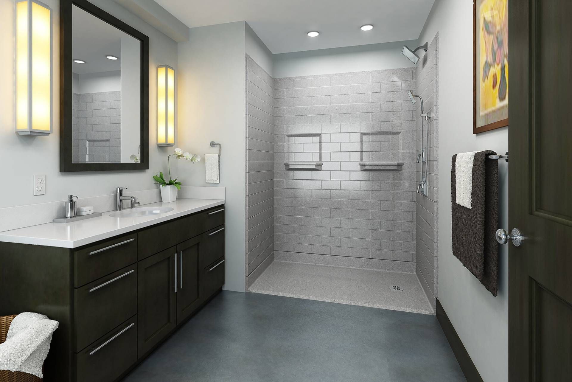 A bathroom with two sinks and a walk in shower