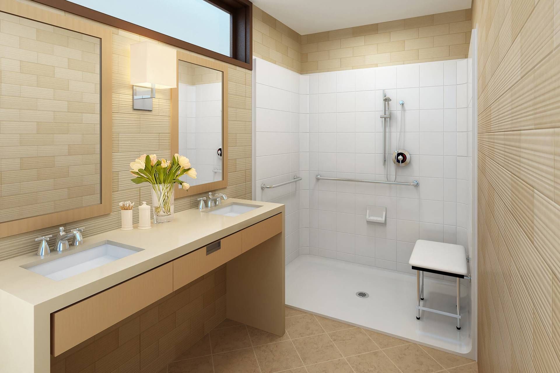 A bathroom with two sinks and a walk in shower