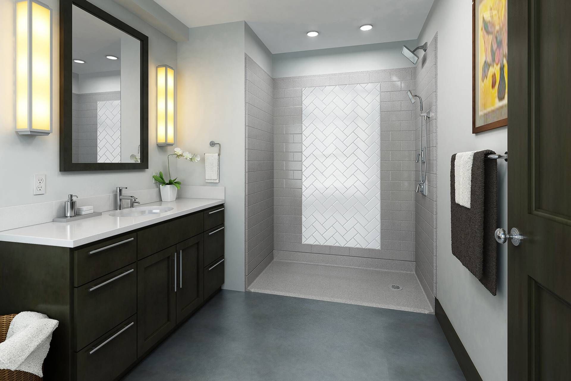 A bathroom with two sinks and a walk in shower
