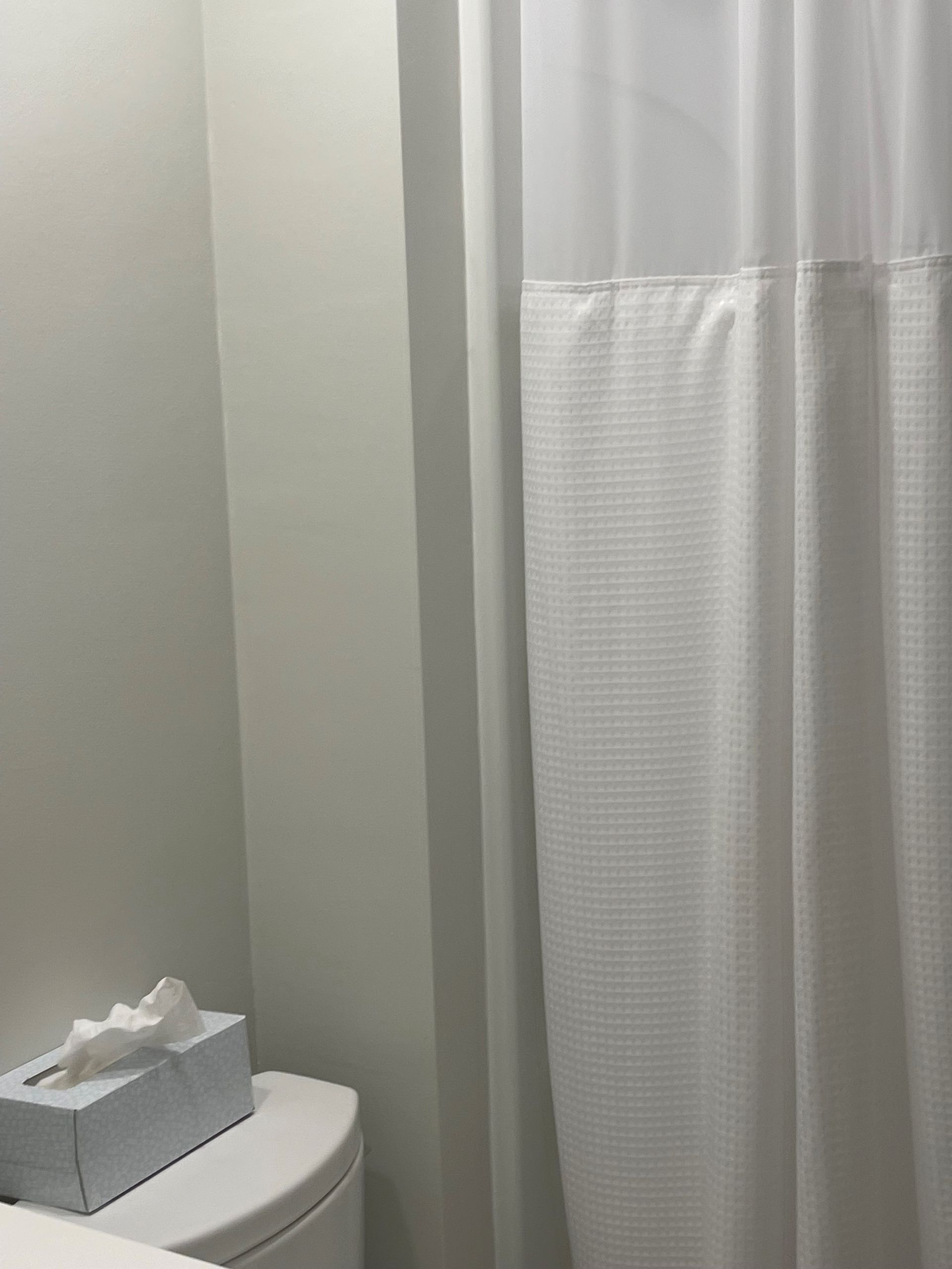 A bathroom with a toilet , shower curtain and tissue box.