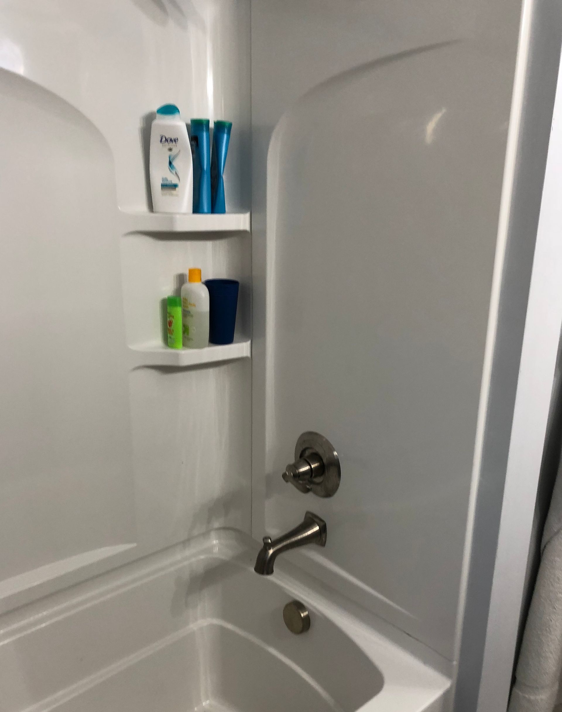 A bathroom with a bathtub and a shelf with dove products on it