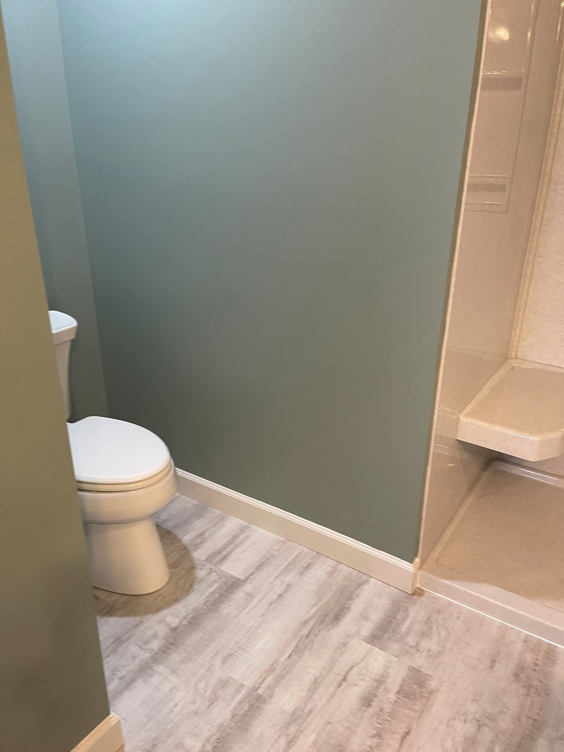 A bathroom with a toilet and a shower stall.