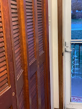 A closet with wooden shutters and a door leading to a balcony.