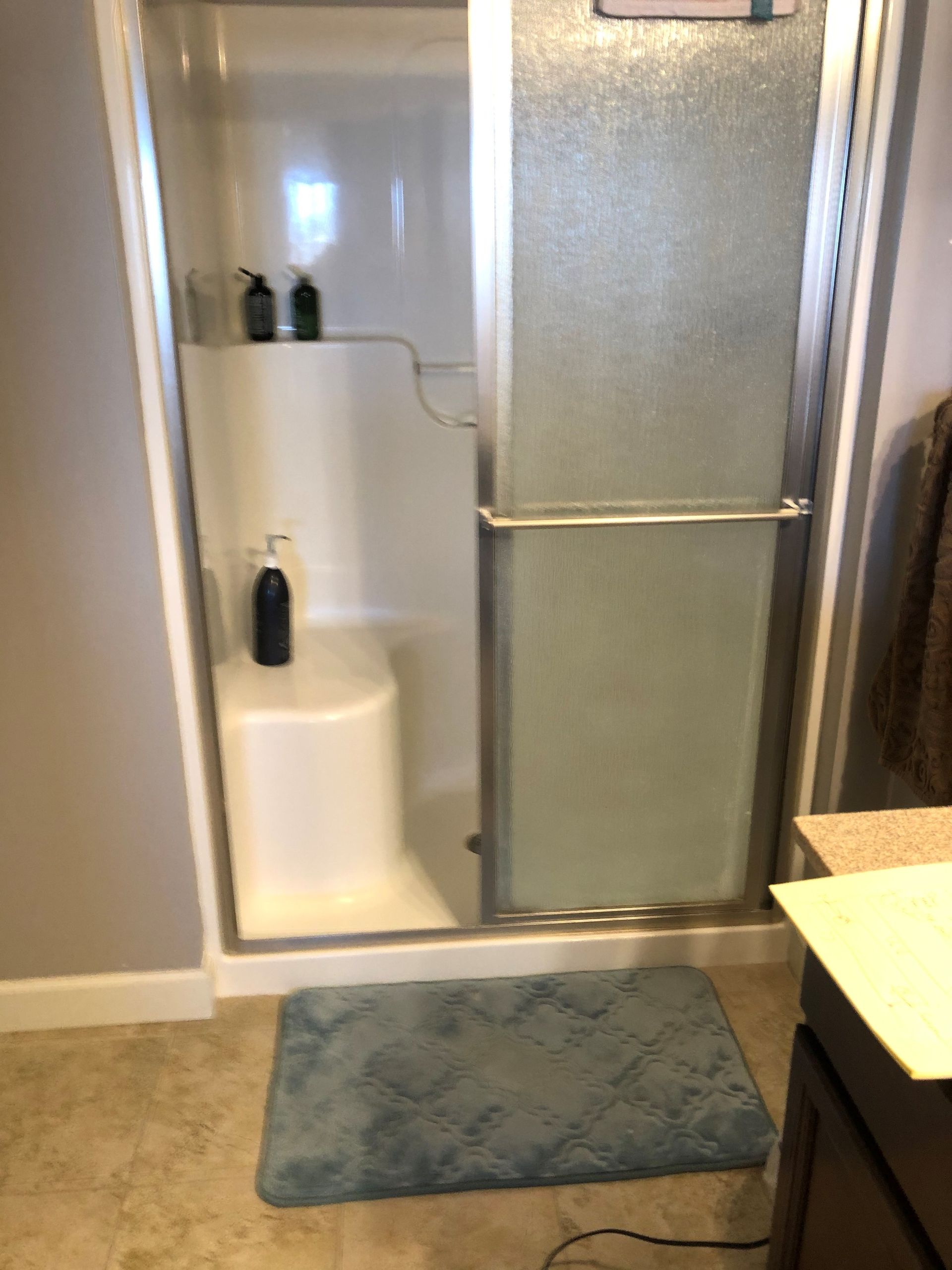 A bathroom with a walk in shower and a blue rug on the floor.