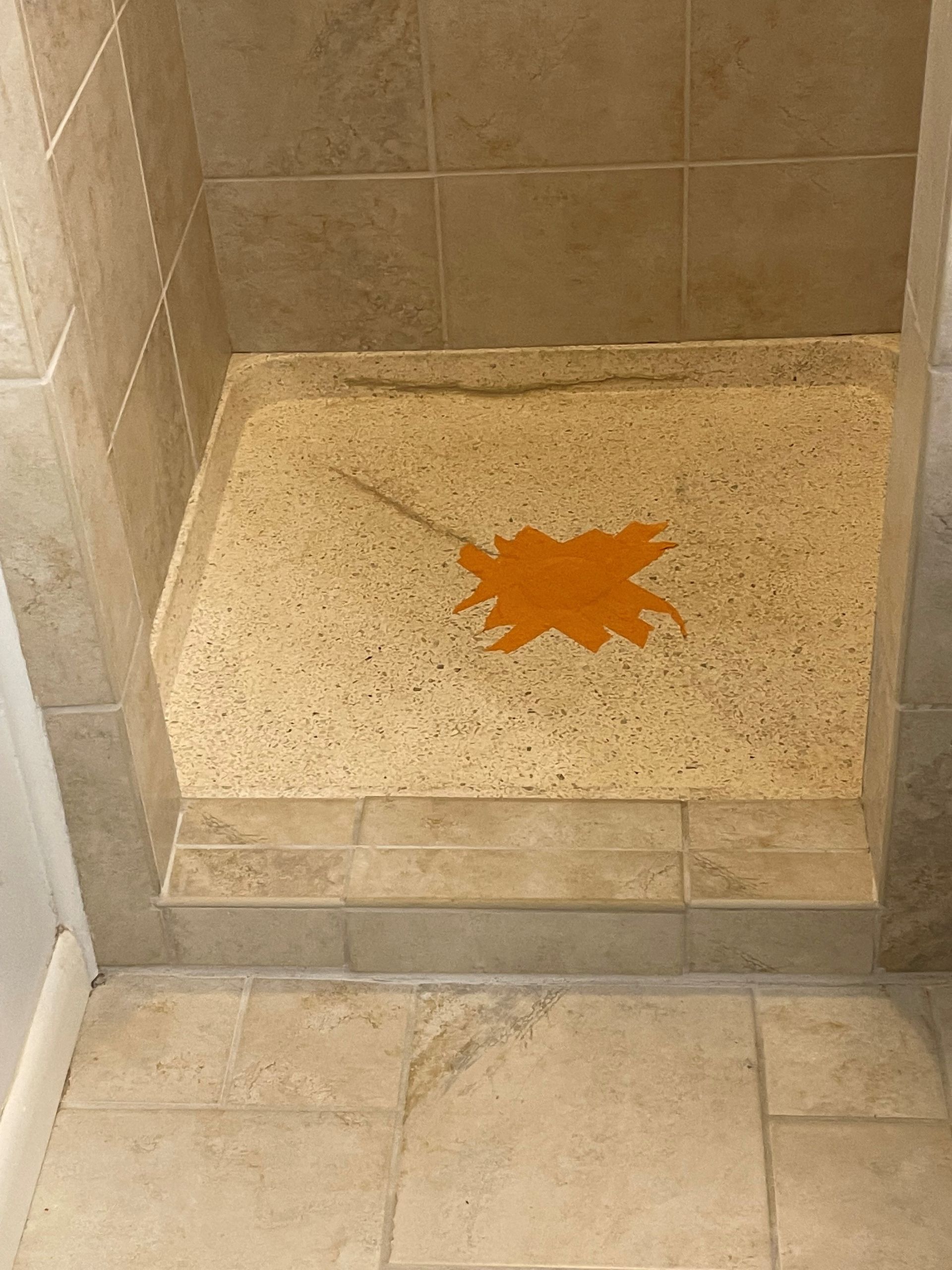A shower stall with a maple leaf painted on the floor.