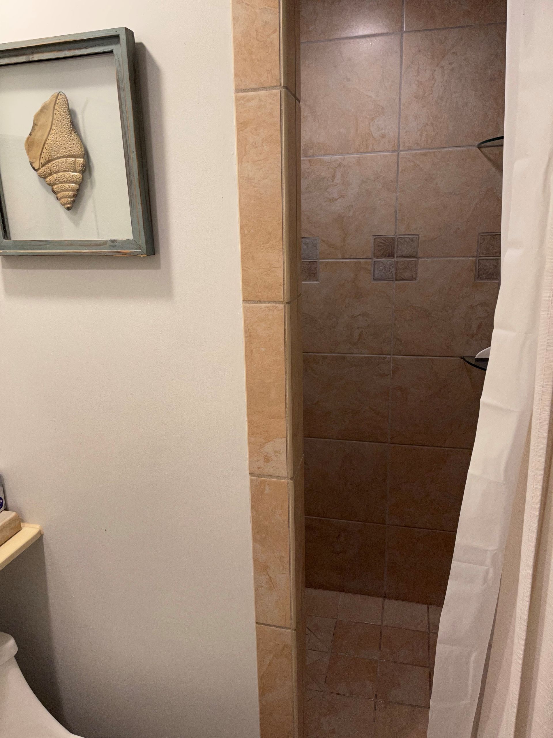 A bathroom with a shower and a picture on the wall