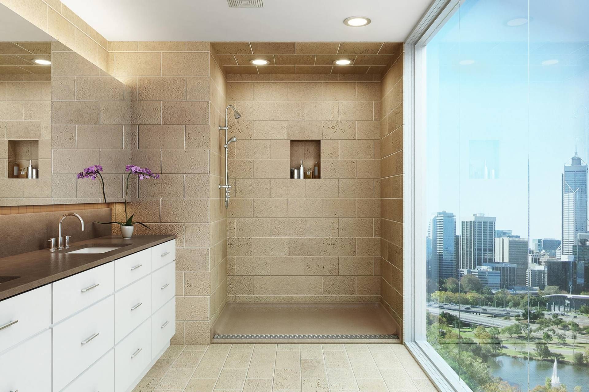 A bathroom with a walk in shower and a view of the city