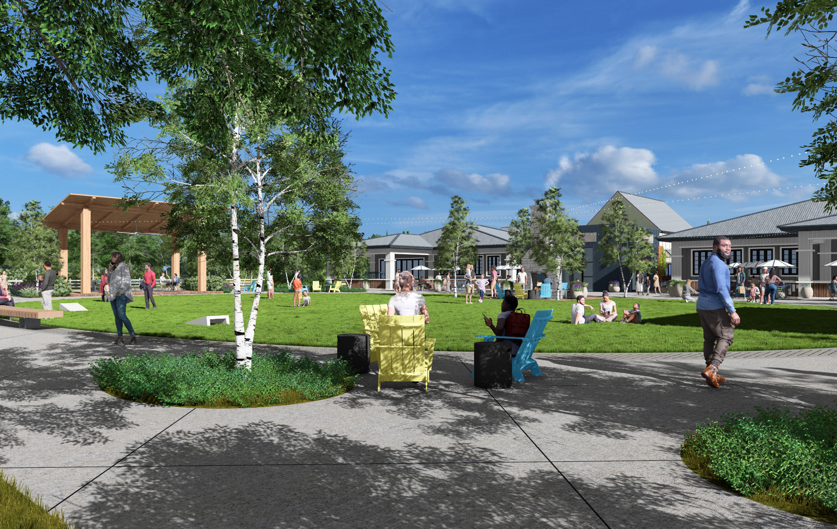 People relaxing in a sunny park with trees, chairs, and modern buildings in the background