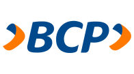 Logotipo de BCP en azul con detalles en naranja sobre fondo blanco.