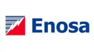 Logotipo de Enosa con texto azul y un icono geométrico rojo, blanco y azul.