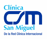 Logo azul y turquesa de Clínica San Miguel, con el texto “De la Red Clínica Internacional”.