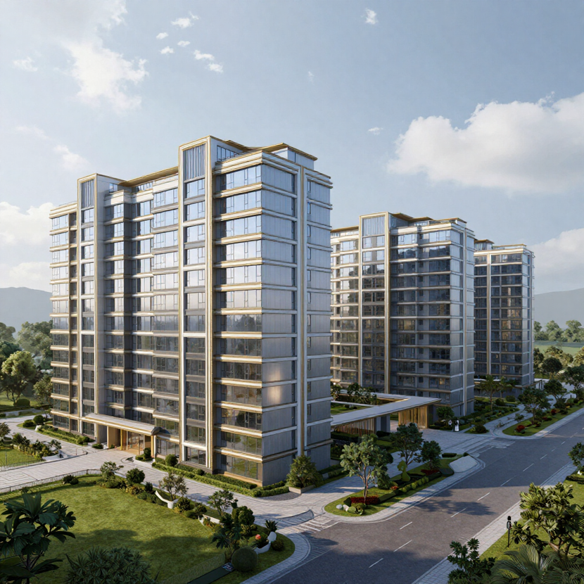 Modernos edificios de apartamentos de gran altura con fachadas de cristal y calles ajardinadas bajo un cielo brillante.
