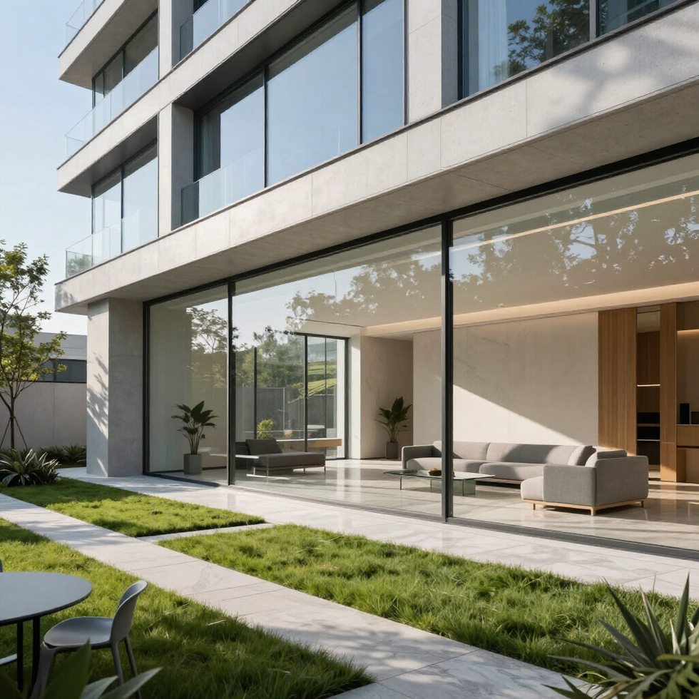 Casa moderna con fachada de cristal, patio con asientos y jardín paisajístico.