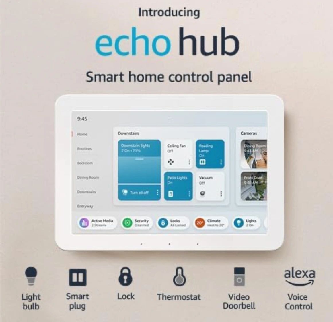 An advertisement for an echo hub smart home control panel
