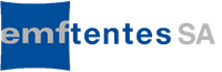 Logo carré bleu avec le mot « emftentes » en gris.