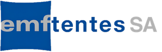 Logo carré bleu avec le mot « emftentes » en gris.